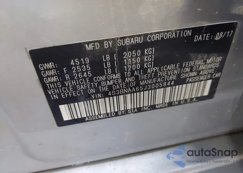 2018 Subaru Legacy 2.5I from USA, damaged, VIN 4S3BNAA65J3005844